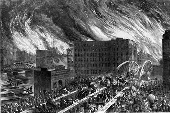 Old drawing of the Great Chicago Fire of 1871