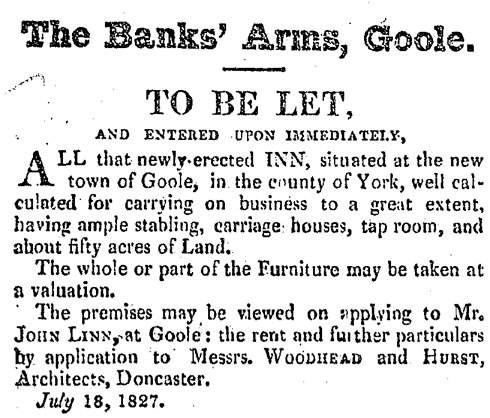 1827 Newspaper advert for the Banks' Arms, Aire Street, Goole