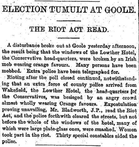 Newspaper article detailing the 1880 riots at the Lowther Hotel, Goole, Yorkshire