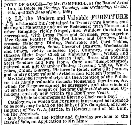 1828 Newspaper Article for sale of the Banks' Arms Inn, Goole