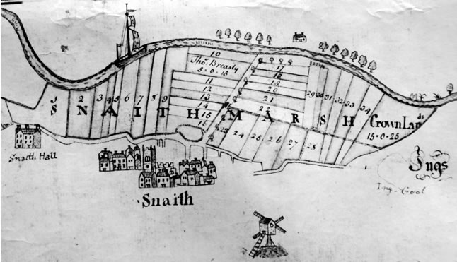 Enclosure map for Snaith, Yorkshire, with River Aire, Snaith Hall, post mill etc.